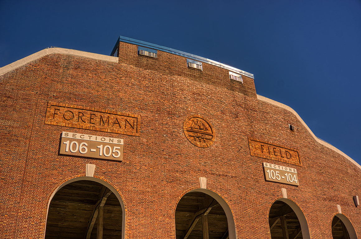 View showing brick-work of Foreman Field and logo in relief in west stadium, before it was taken down forever.
